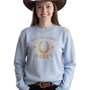 Miss Sparkling Not My First Rodeo Distressed  Sweater Blue Horseshoe Western